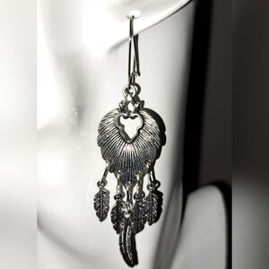 Boho Chandelier Leaf & Feather Dangle Earrings - Antique Silver